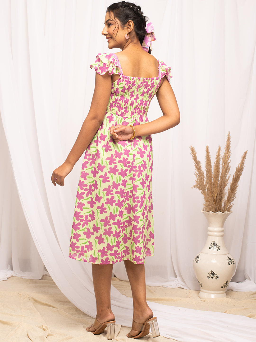 FIORRA Women's Pink Georgette Floral Printed  Dress